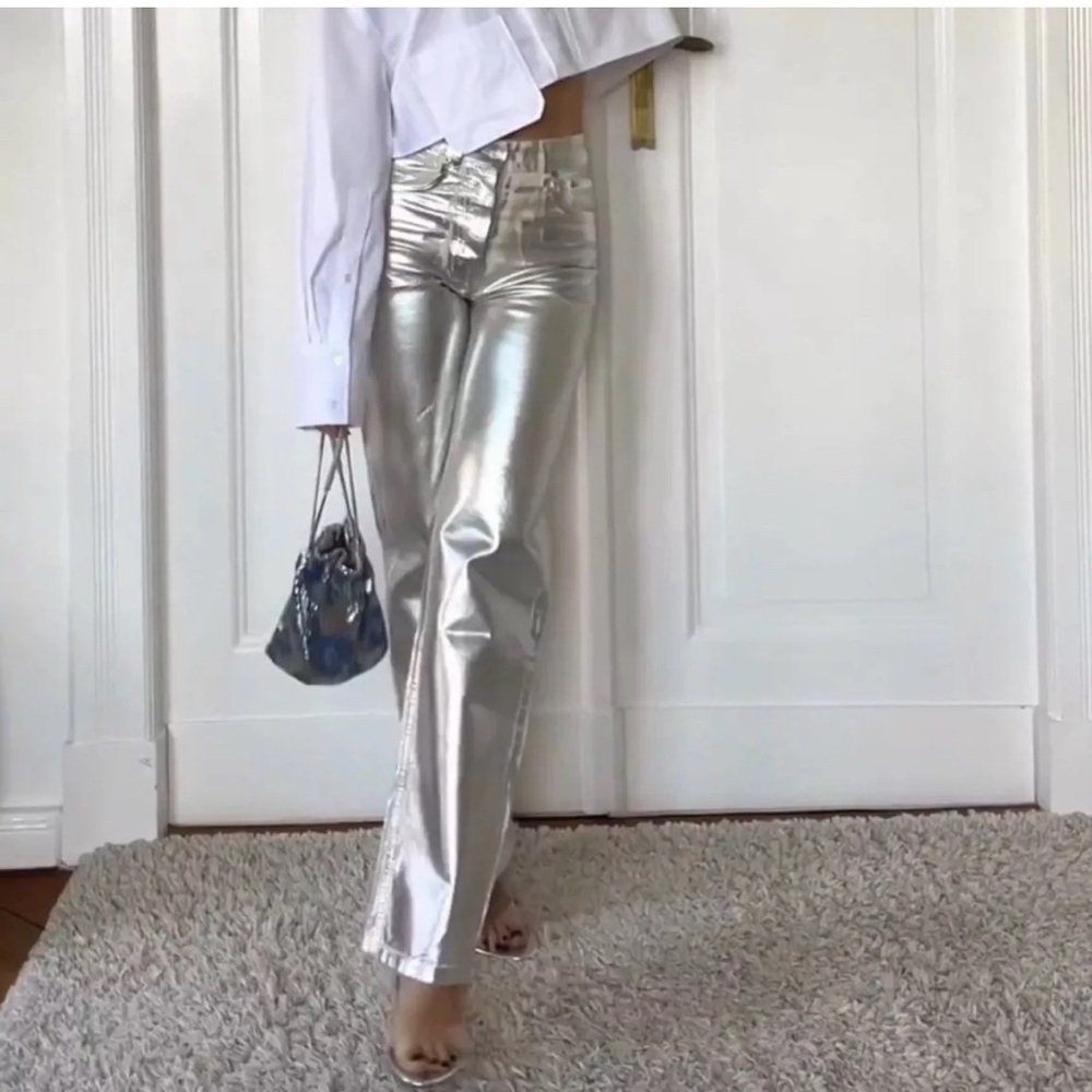 Zara Silver Metallic ZW BOYFRIEND MID-RISE STRAIGHT LEG RELAXED JEANS Size 8 NEW